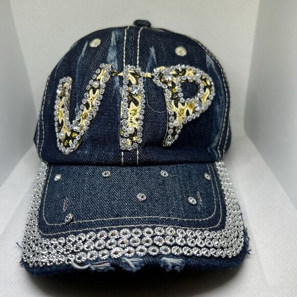 VIP Rhinestone Denim Baseball Cap – Bling Studded Jeweled Hat - Picture 1 of 5